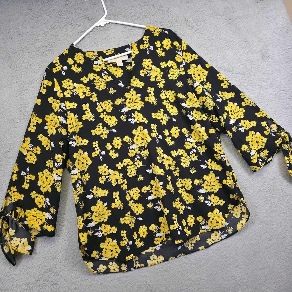 Michael Kors Top Womens L Black Yellow Tie Sleeve Floral Colorful Resort Elegant